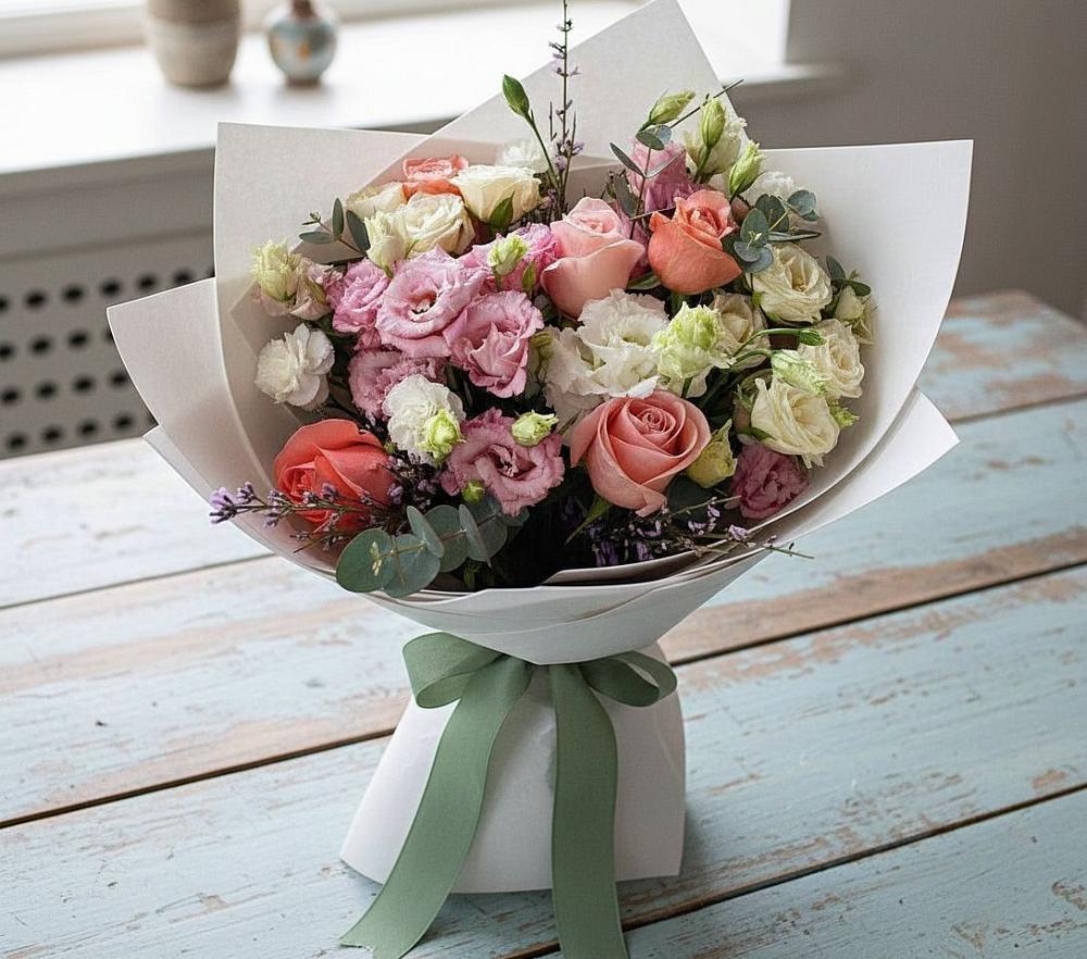 Букет цветов из: Розы, Лизиантусы и Гвоздики в Миньяре