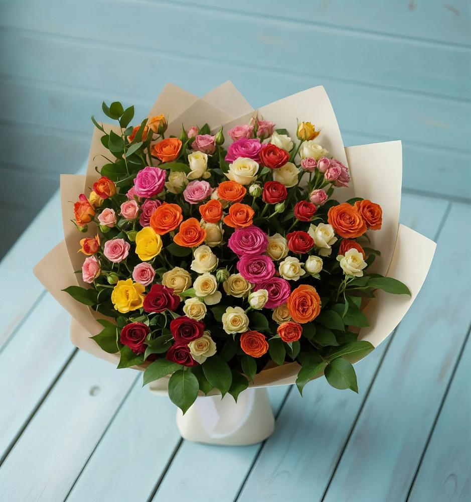 Букет Микс из разноцветных кустовых роз в Миньяре