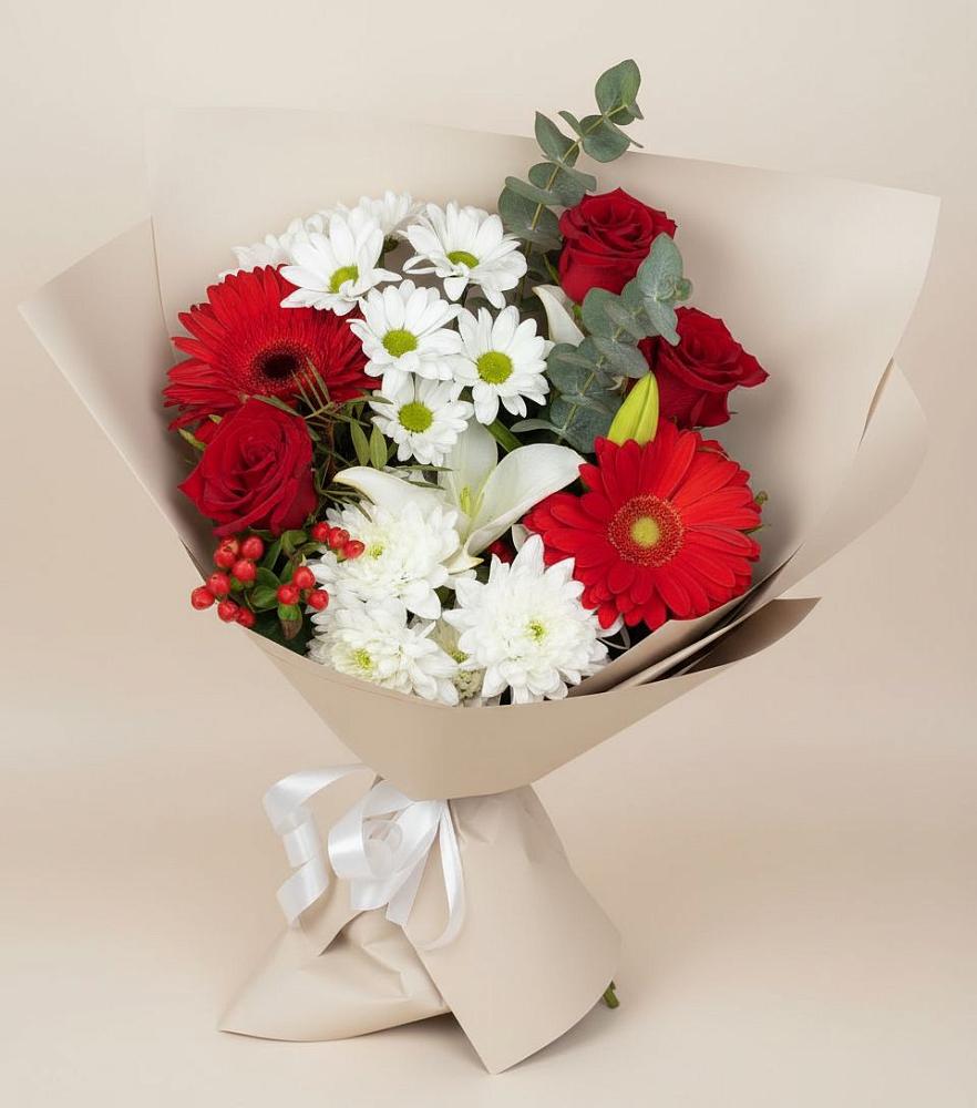 Букет цветов из: Розы, Хризантемы, Герберы и Лилии в Миньяре